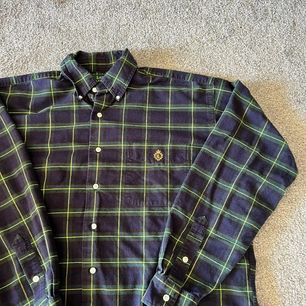 vintage Lauren Ralph Lauren shirt womens L blue green plaid button down‎ crest - Picture 3 of 10